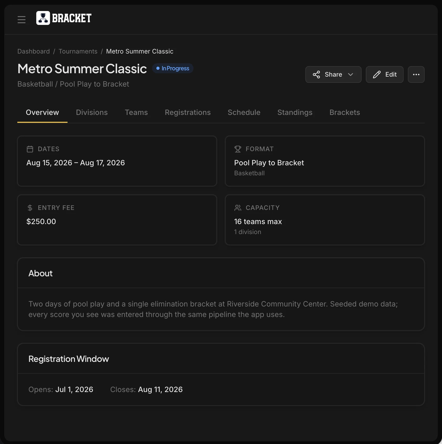 A tournament overview in Bracket showing its dates, format, entry fee, team capacity, description, and registration window.